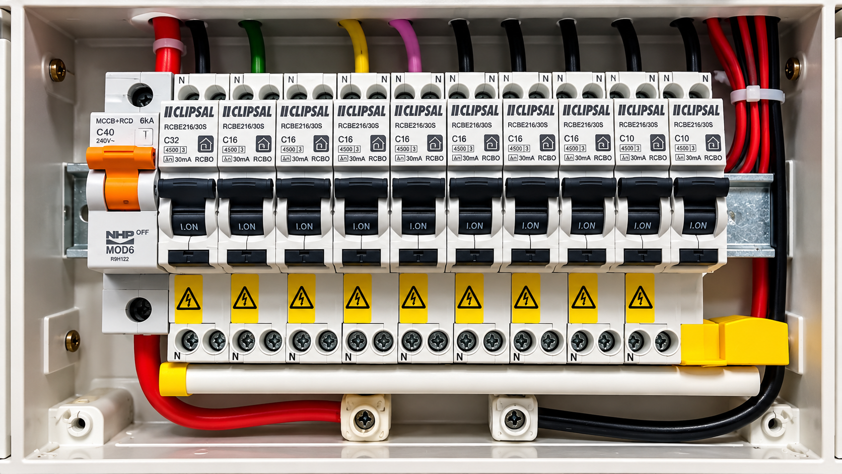 Modern Clipsal RCBO circuit breaker switchboard installation with safety switches in Melbourne