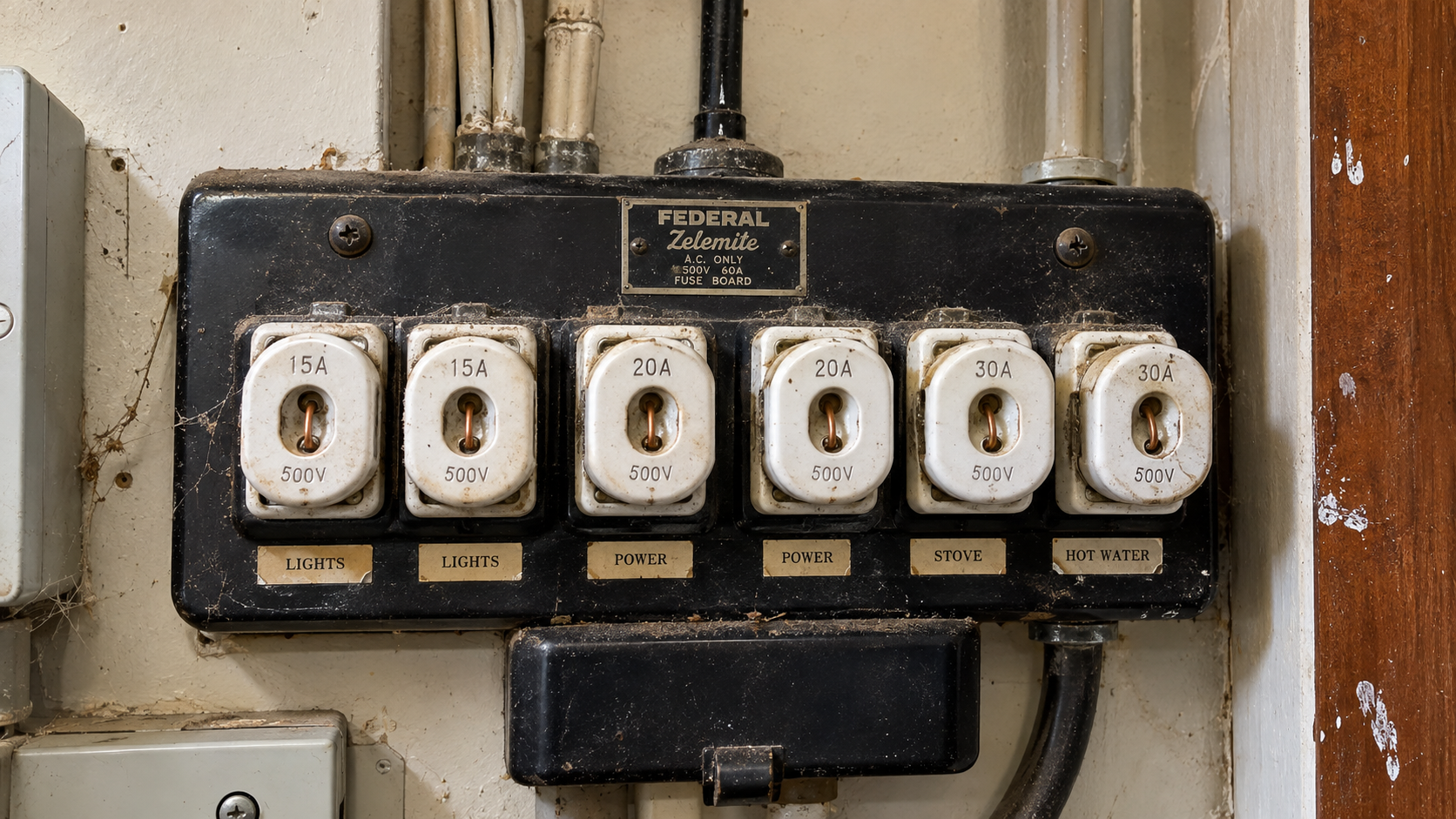 Old Australian Federal Zelemite ceramic fuse box with rewireable fuses before replacement